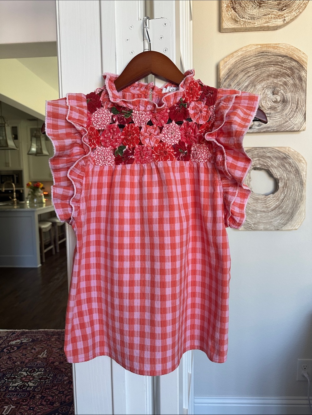 Women’s THML Pink & Coral Gingham Floral Smocked Shirt